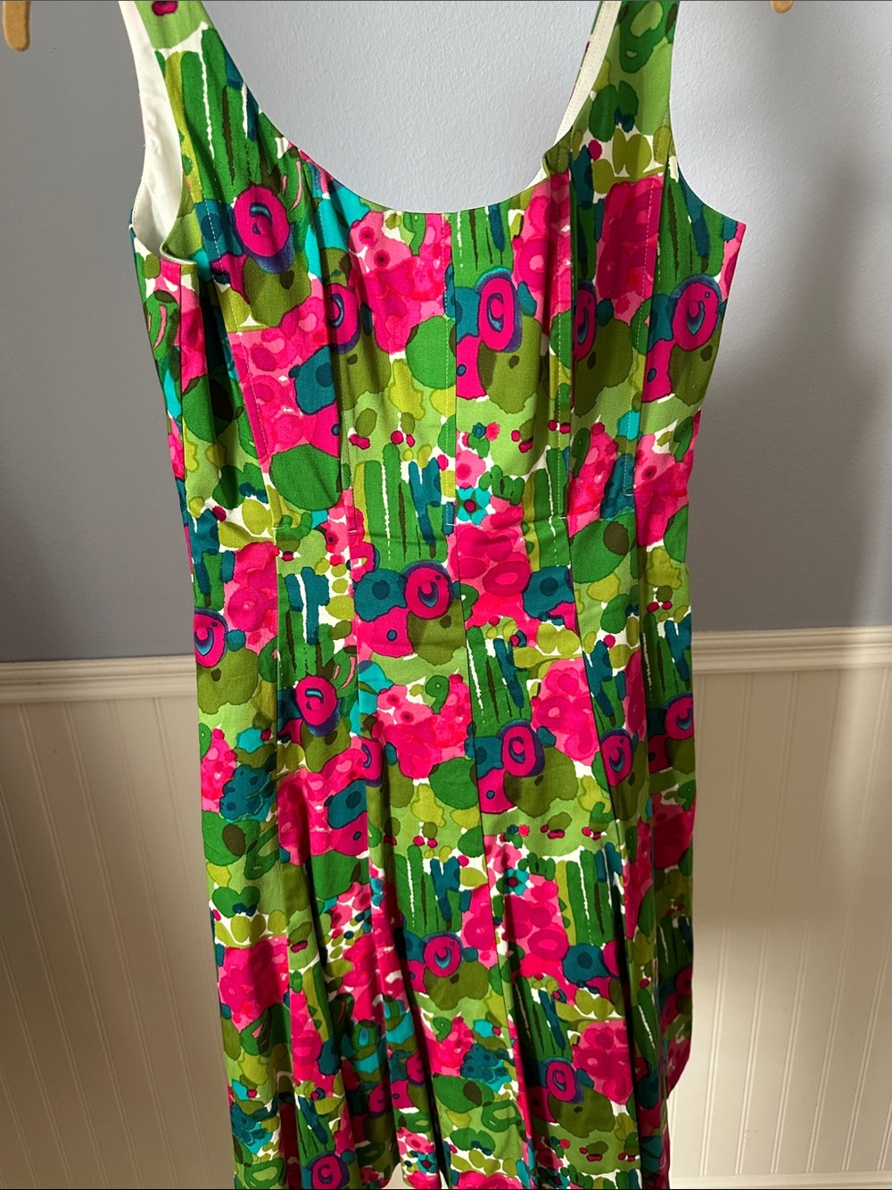 Nine West Bright Floral Scoop Neck Mini Dress in Green and Pink
